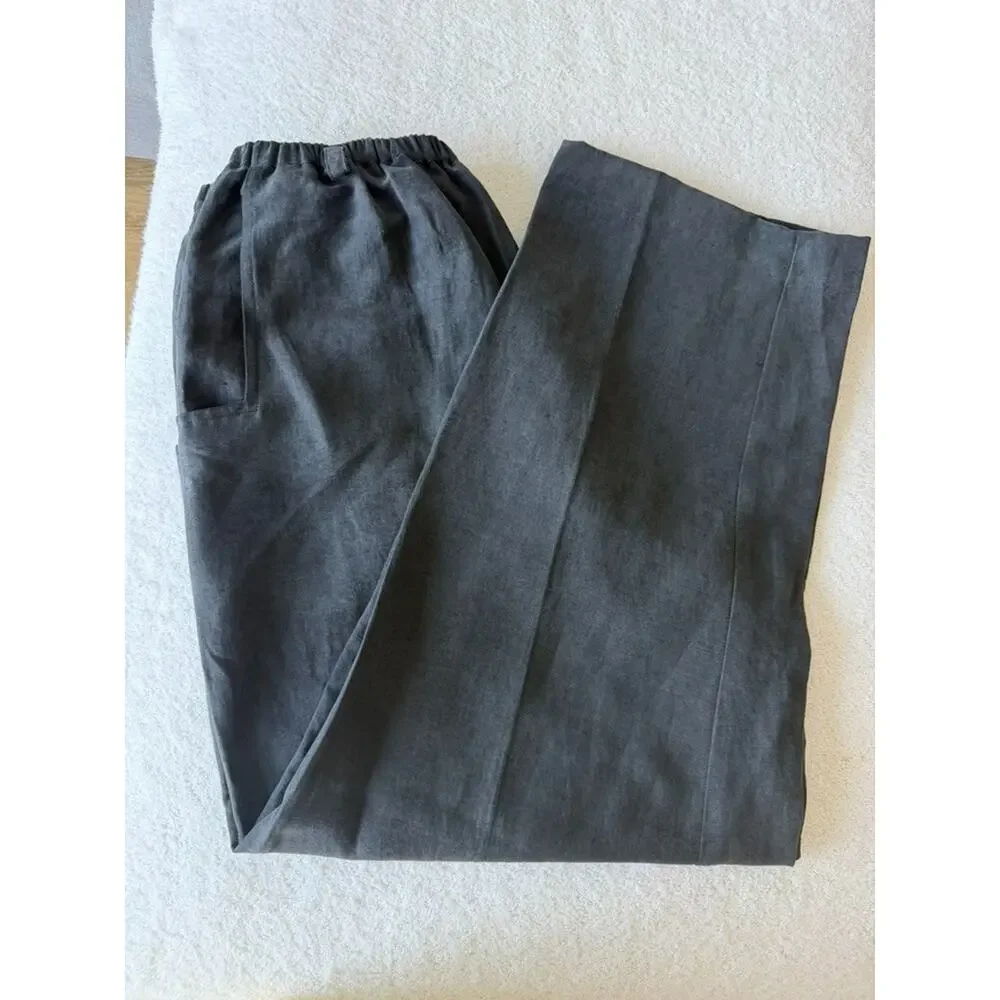 Garnet Hill Silk Linen Charcoal Gray Wide leg Barrel ankle Trouser Pant Size-8